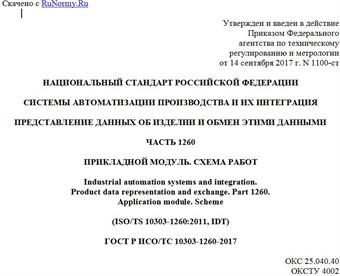 "ГОСТ Р ИСО/ТС 10303-1260-2017. Национальный стандарт Российской Федерации. Системы автоматизации производства и их интеграция. Представление данных об изделии и обмен этими данными. Часть 1260. Прикладной модуль. Схема работ"