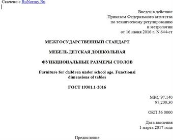 "ГОСТ 19301.1-2016. Межгосударственный стандарт. Мебель детская дошкольная. Функциональные размеры столов"