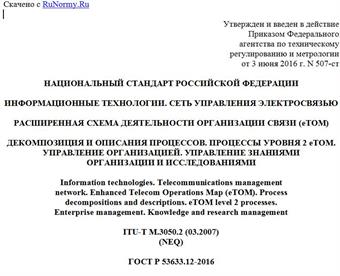 "ГОСТ Р 53633.12-2016. Национальный стандарт Российской Федерации. Информационные технологии. Сеть управления электросвязью. Расширенная схема деятельности организации связи (eTOM). Декомпозиция и описания процессов. Процессы уровня 2 eTOM. Управление организацией. Управление знаниями организации и исследованиями"