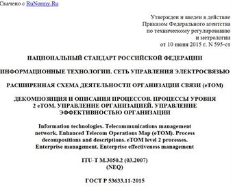"ГОСТ Р 53633.11-2015. Национальный стандарт Российской Федерации. Информационные технологии. Сеть управления электросвязью. Расширенная схема деятельности организации связи (eTOM). Декомпозиция и описания процессов. Процессы уровня 2 eTOM. Управление организацией. Управление эффективностью организации"