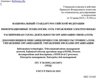 "ГОСТ Р 53633.10-2015. Национальный стандарт Российской Федерации. Информационные технологии. Сеть управления электросвязью. Расширенная схема деятельности организации связи (eTOM). Декомпозиция и описания процессов. Процессы уровня 2 eTOM. Управление организацией. Управление рисками организации"