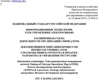"ГОСТ Р 53633.7-2015. Национальный стандарт Российской Федерации. Информационные технологии. Сеть управления электросвязью. Расширенная схема деятельности организации связи (eTOM). Декомпозиция и описания процессов. Процессы уровня 2 eTOM. Стратегия, инфраструктура и продукт. Разработка и управление ресурсами"