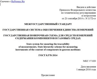 "ГОСТ 8.578-2014. Межгосударственный стандарт. Государственная система обеспечения единства измерений. Государственная поверочная схема для средств измерений содержания компонентов в газовых средах"