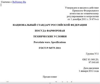 "ГОСТ Р 54575-2011. Национальный стандарт Российской Федерации. Посуда фарфоровая. Технические условия"