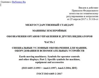 "ГОСТ ISO 6405-2-2017. Межгосударственный стандарт. Машины землеройные. Обозначения органов управления и других индикаторов. Часть 2. Специальные условные обозначения для машин, оборудования и вспомогательных устройств"